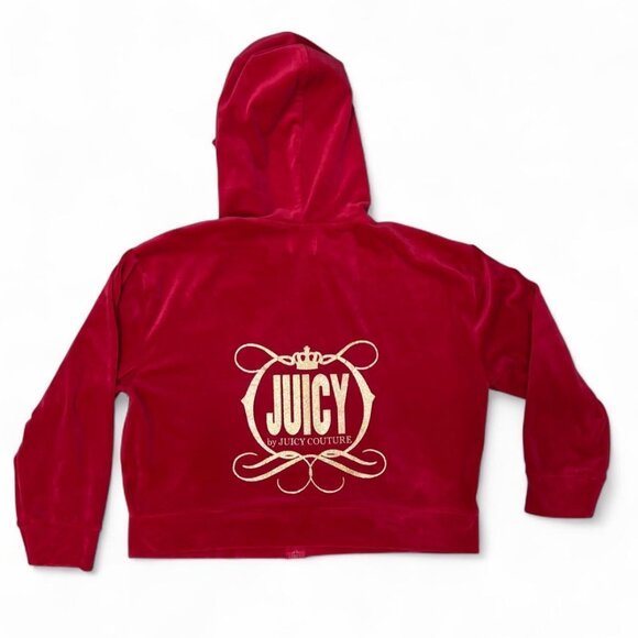 Juicy By Juicy Couture Red Velour Zip Hoodie XL Gold Glitter Logo Track Jacket - Picture 7 of 9